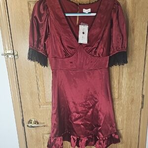 Elegant Burgundy Satin Dress with Black Lace by Abrand